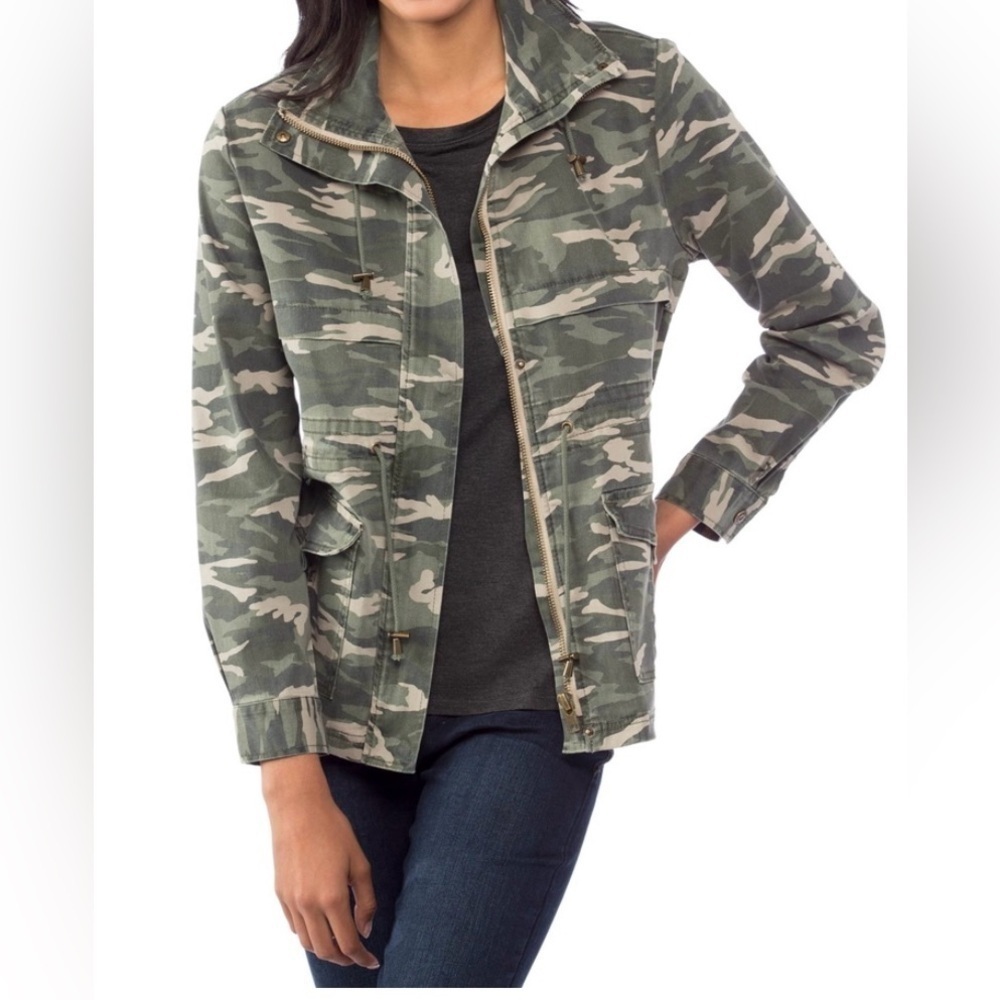 Kensie Jeans Camo Denim Military Jacket Womens Large Full Zip Snaps Down Pockets